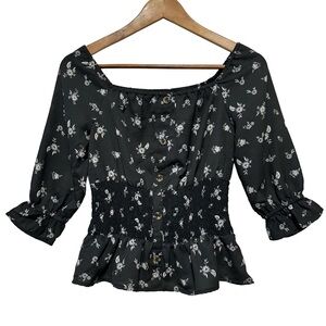 Floral Milkmaid Peplum Cottagecore Romantic Blouse Whimsigoth Dark Fairy Grunge
